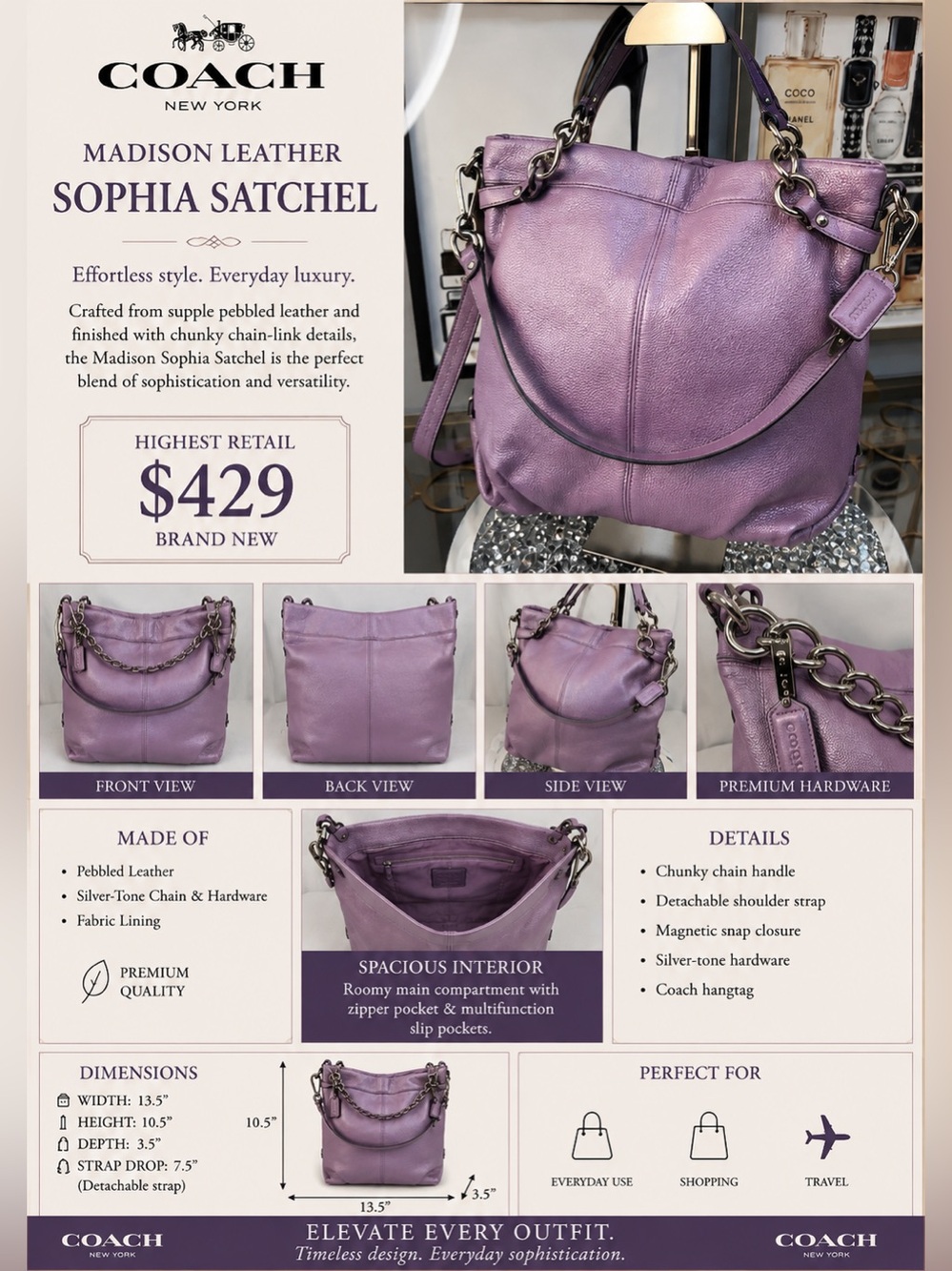 Coach Maddison Sophia Leather SATCHAL Like New